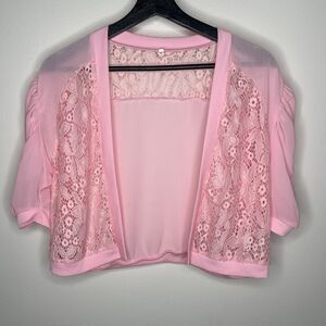 Vintage Grannycore Bubble Gum Pink Chiffon and Lace Shrug Sz. L Cottage/Coquette